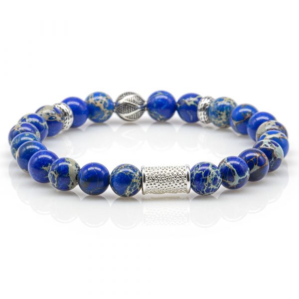 Perlenarmband Blue Imperial Jaspis Perlen 925 Sterling Silber Monaco