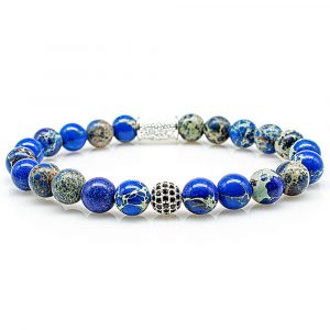 Perlenarmband Blue Imperial Jaspis Perlen Royal Beads 925 Sterling Silber