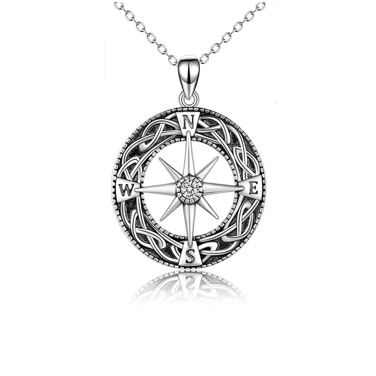 Halskette Kordelkette im Diamantschliff Zirkon Anhänger Kompass 925 Sterling Silber