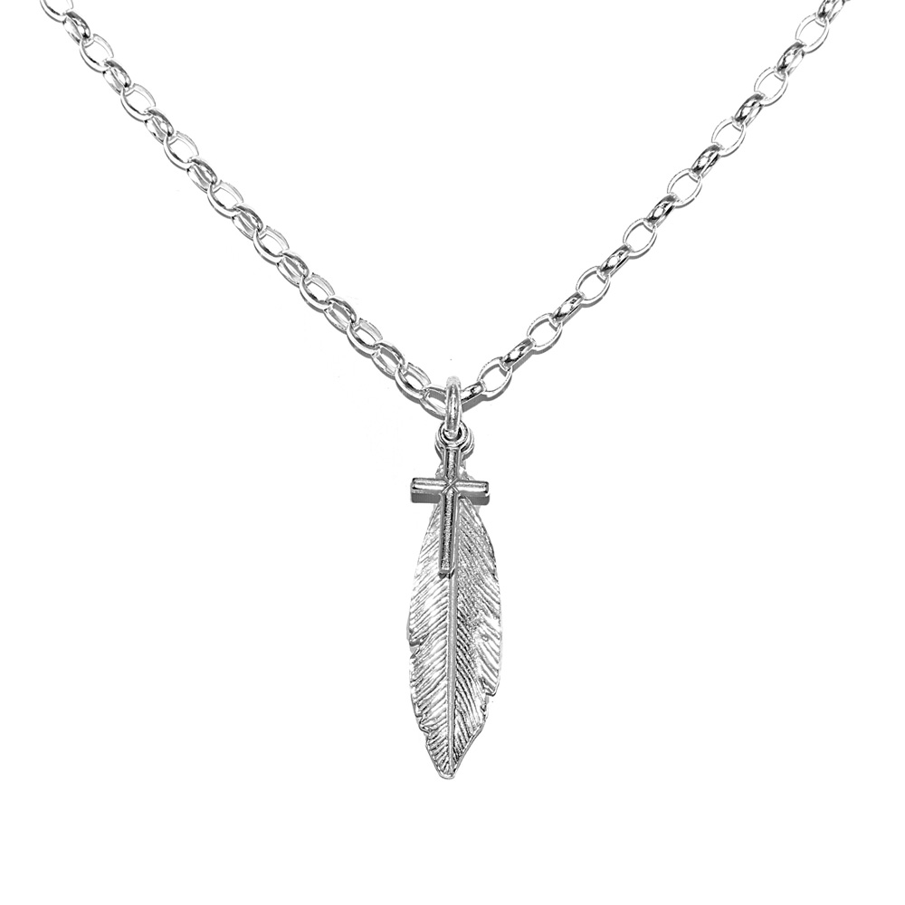 Necklace Rolo Chain with Cross and Feather Pendant 925 Sterling Silver