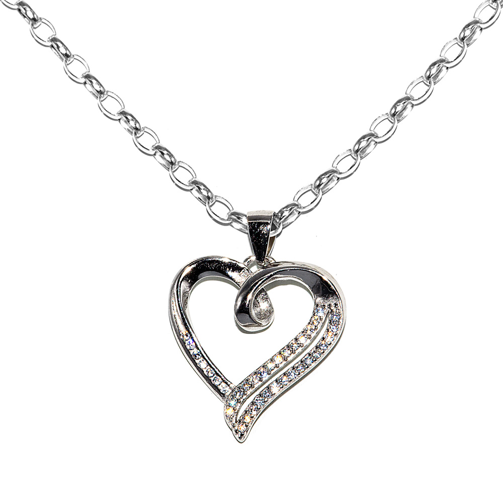 Necklace Rolo Chain Heart Pendant Zircon 925 Sterling Silver