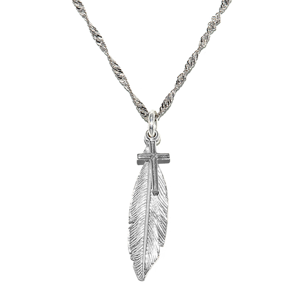 Necklace Twisted Curb Chain with Cross and Feather Pendant 925 Sterling Silver