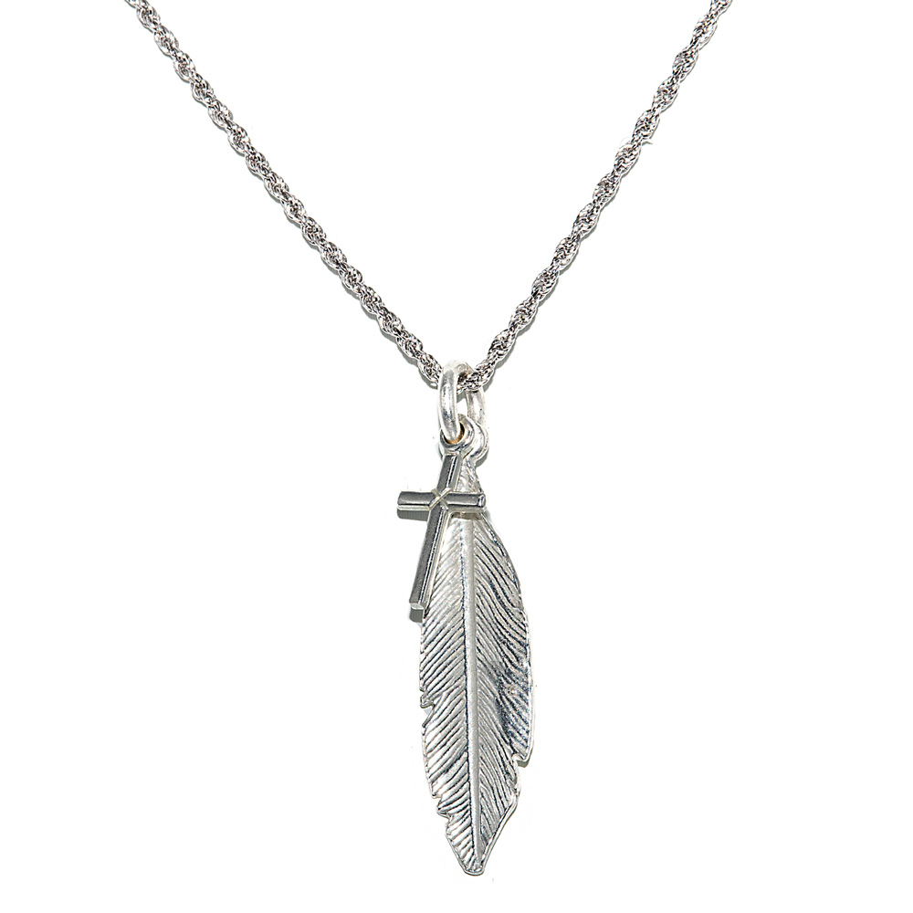 Necklace Cord Chain in Diamond Cut with Cross and Feather Pendant 925 Sterling Silver