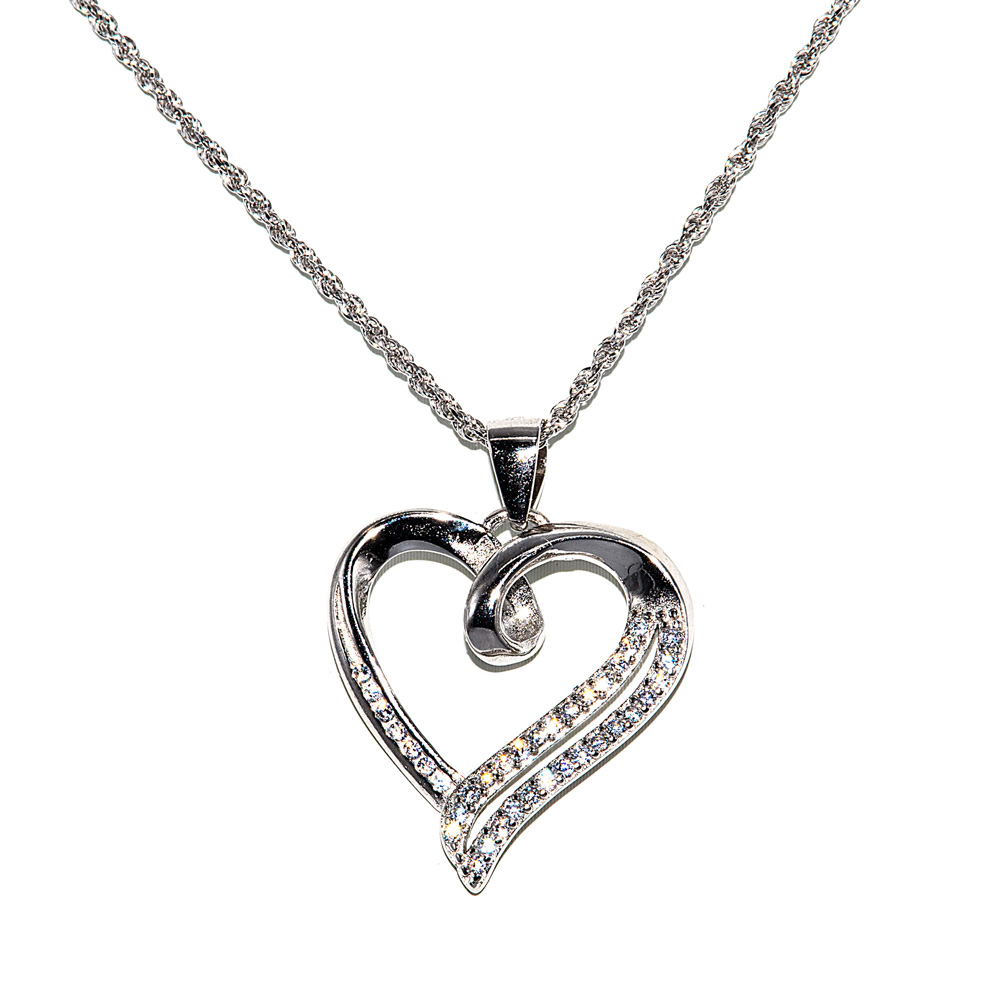 Necklace Cord Chain Diamond Cut Heart Pendant Zircon 925 Sterling Silver