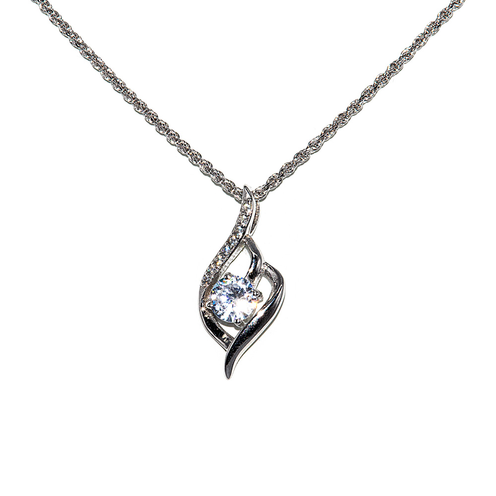 Necklace Cord Chain Diamond Cut Teardrop Pendant Zircon 925 Sterling Silver