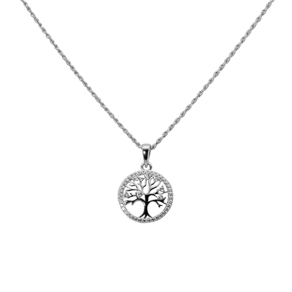 Necklace Cord Chain Diamond Cut Zircon Pendant Tree of Life 925 Sterling Silver