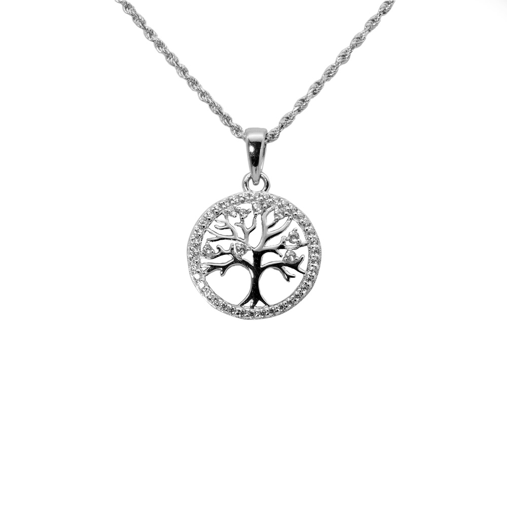 Halskette Kordelkette im Diamantschliff Zirkon Anhänger Lebensbaum 925 Sterling Silber