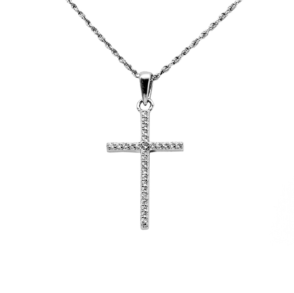 Necklace Cord Chain Diamond Cut Zircon Pendant Cross 925 Sterling Silver