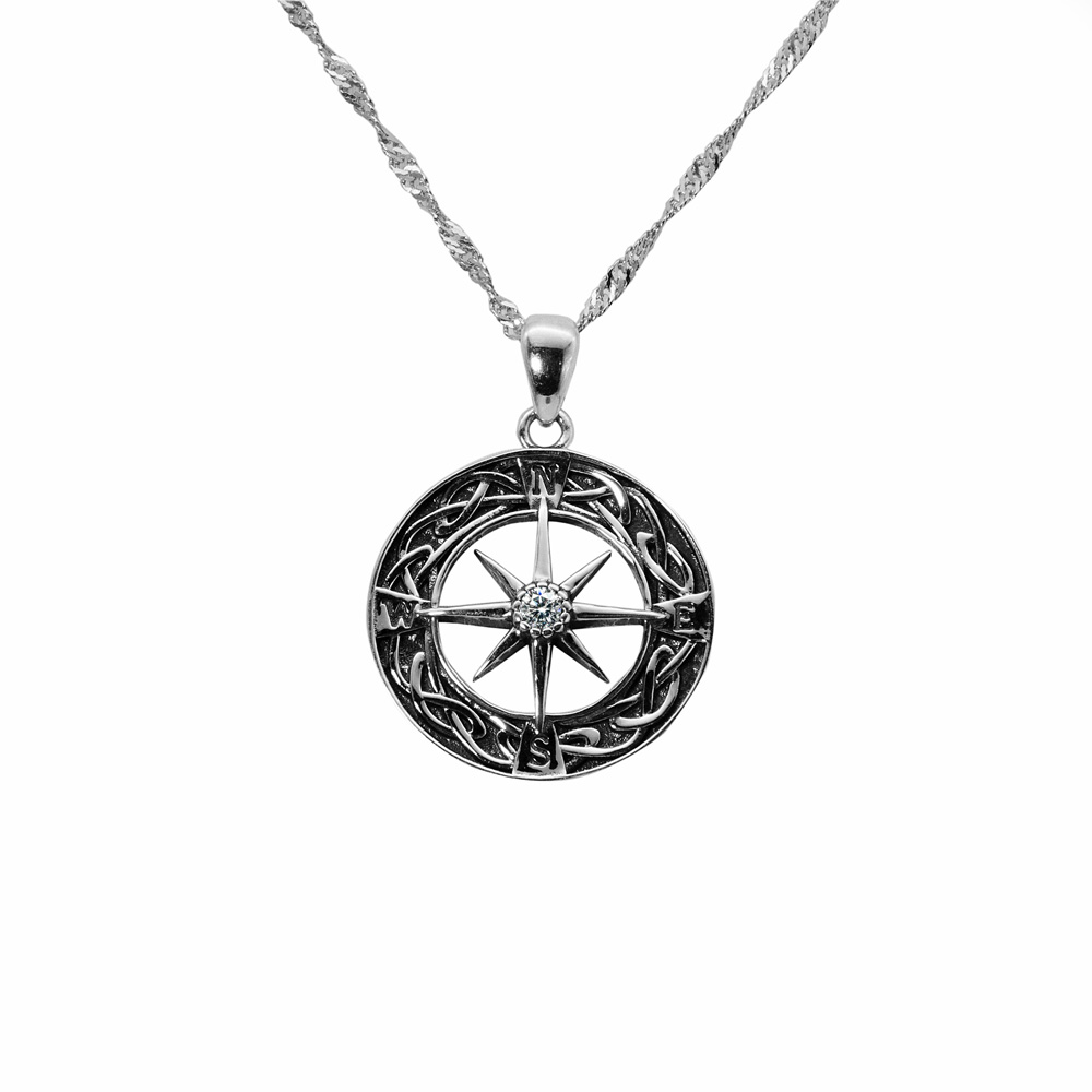 Necklace Twisted Curb Chain Zircon Pendant Compass 925 Sterling Silver