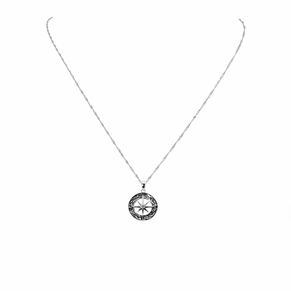Necklace Twisted Curb Chain Zircon Pendant Compass 925 Sterling Silver