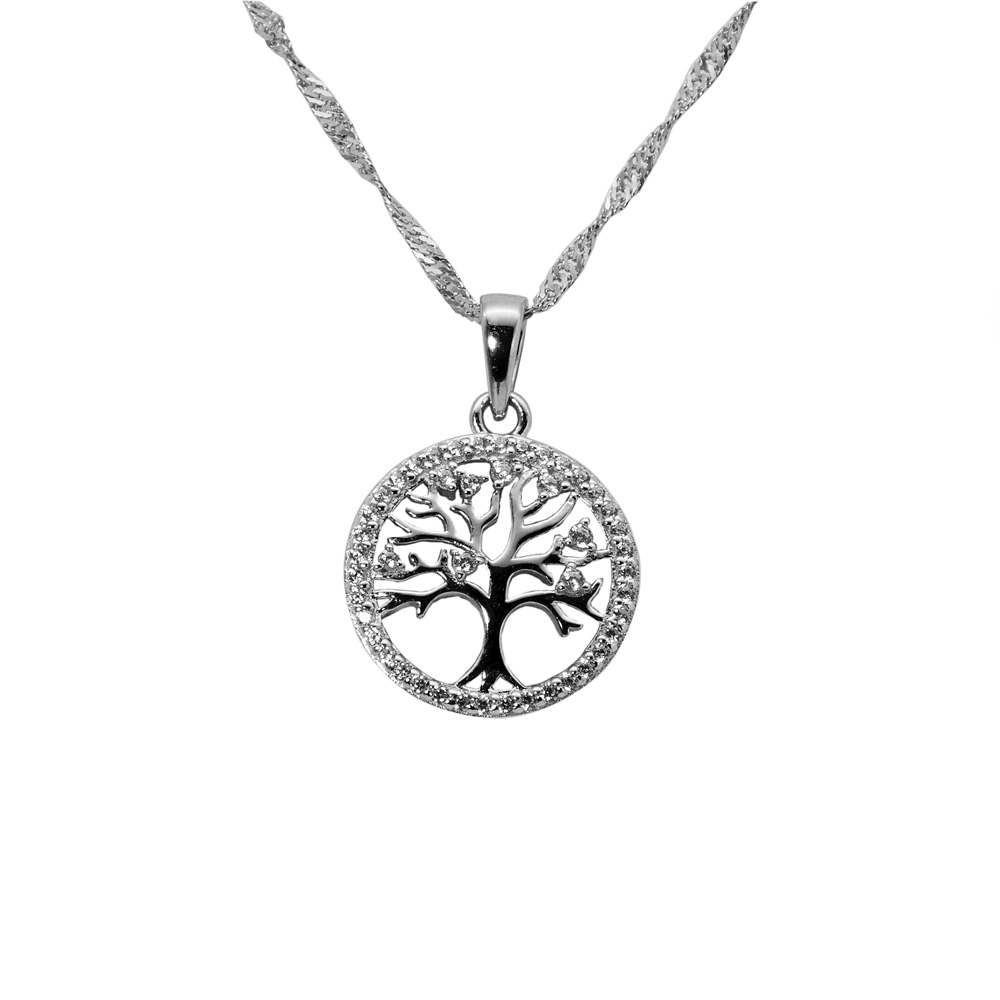 Necklace Twisted Curb Chain Zircon Pendant Tree of Life 925 Sterling Silver