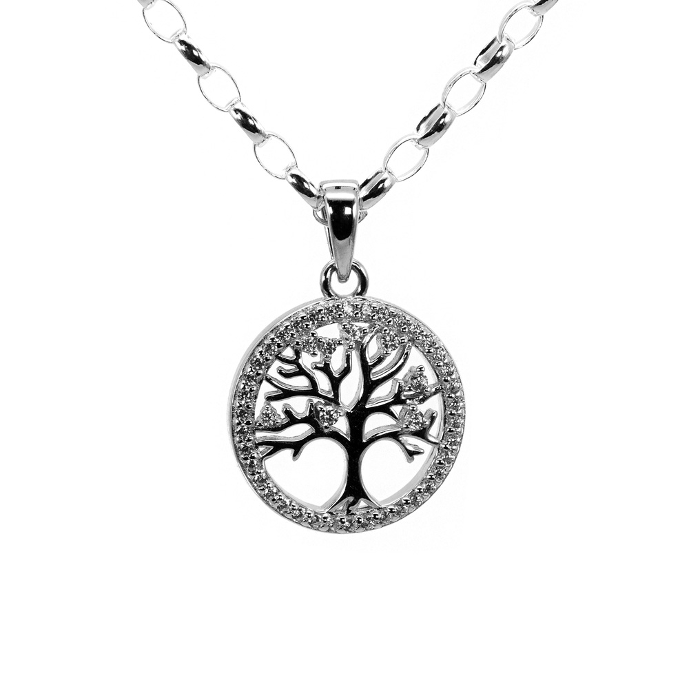 Necklace Rolo Chain Zircon pendant Tree of Life 925 Sterling Silver