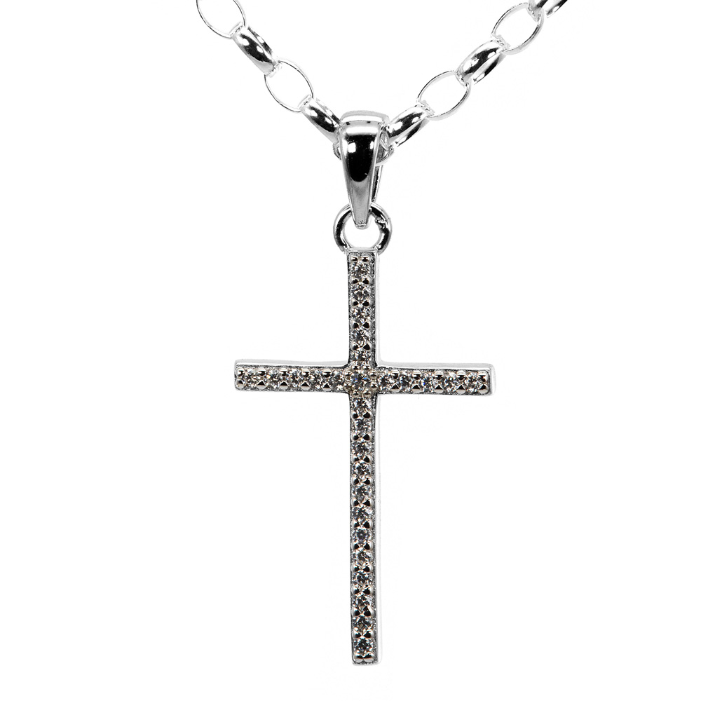 Necklace Rolo Chain Zircon Pendant Cross 925 Sterling Silver