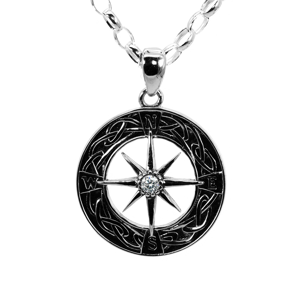 Necklace Rolo Chain Zircon Pendant Compass 925 Sterling Silver