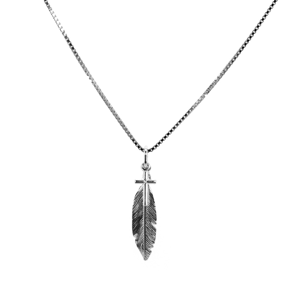 Necklace Venetian Chain with Cross Pendant and Feather 925 Sterling Silver