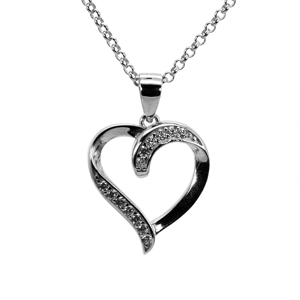 Necklace Anchor Chain Rolo Heart Pendant Zircon 925 Sterling Silver