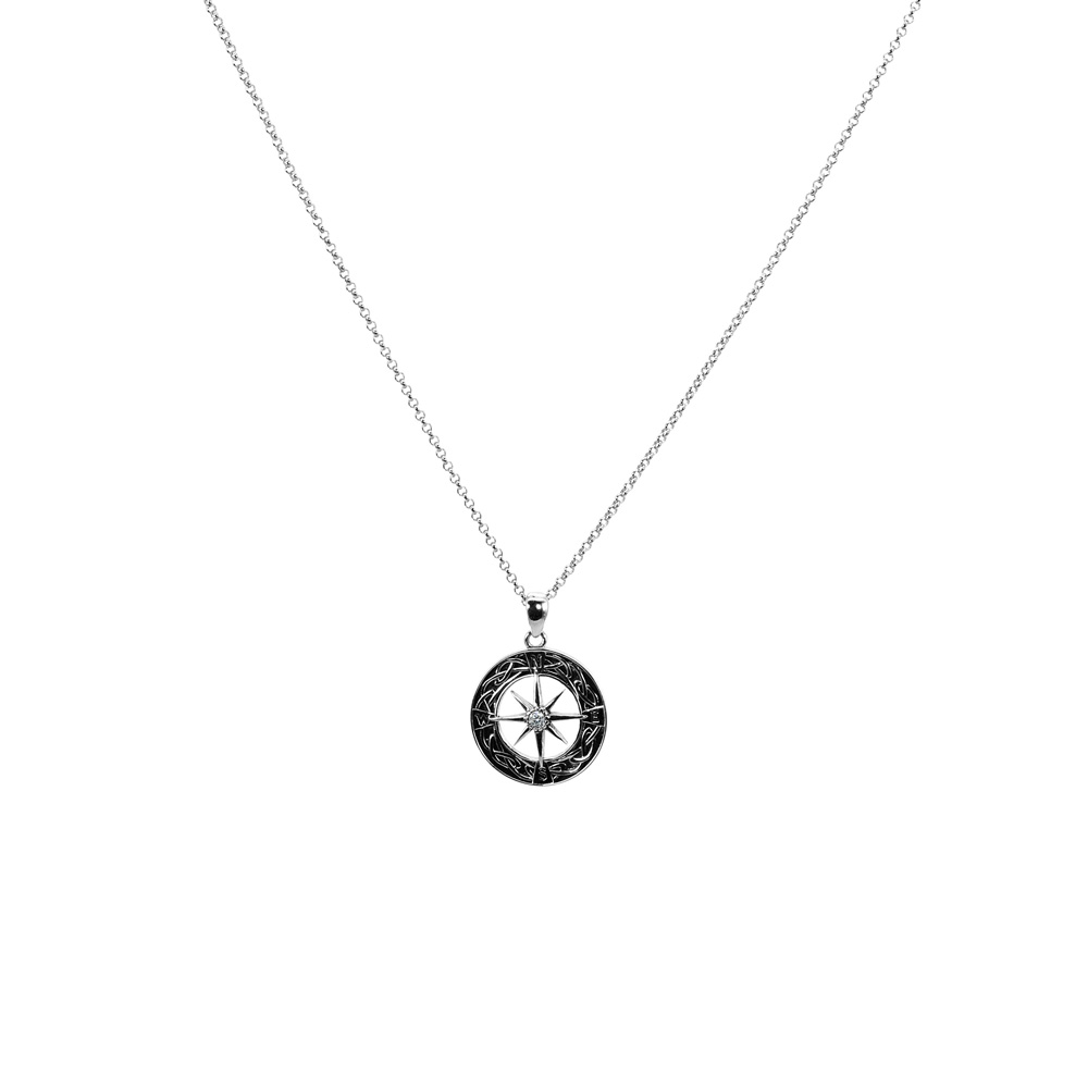 Necklace Anchor Chain Rolo Zircon Compass Pendant 925 Sterling Silver