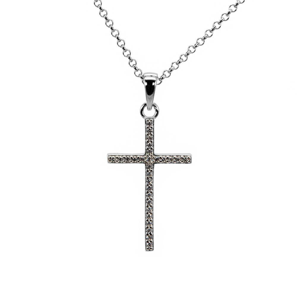 Necklace Anchor Chain Rolo Zircon Cross Pendant 925 Sterling Silver