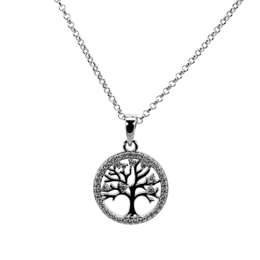 Necklace Anchor Chain Rolo Zircon Pendant Tree of Life 925 Sterling Silver