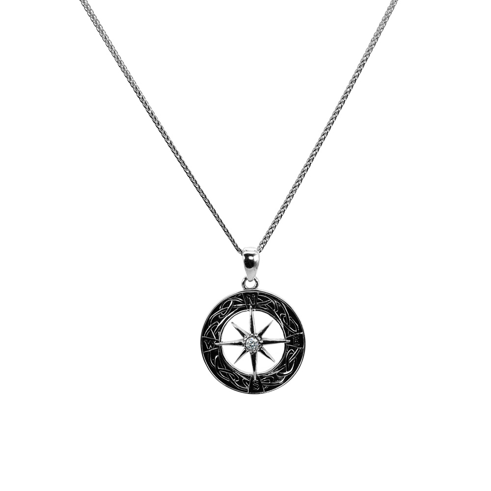Necklace Chopin Chain Zircon Pendant Compass 925 Sterling Silver