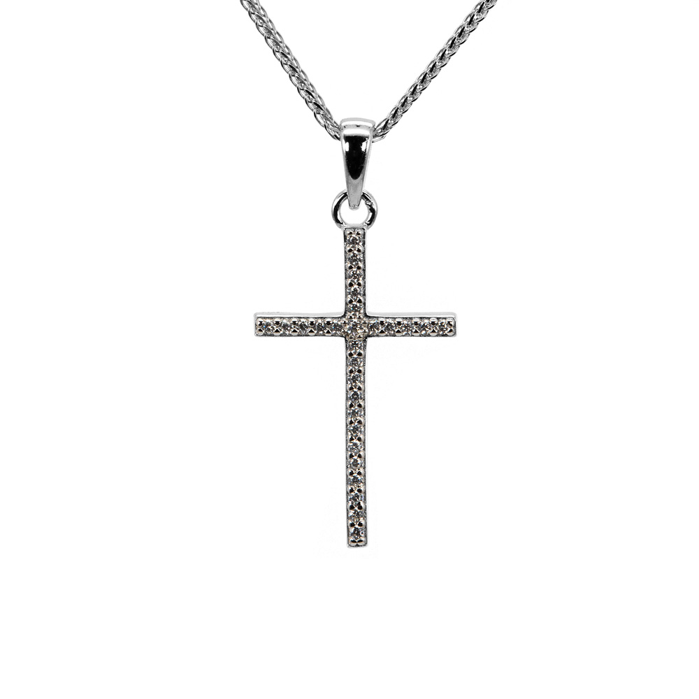 Necklace Chopin Chain Zircon Pendant Cross 925 Sterling Silver