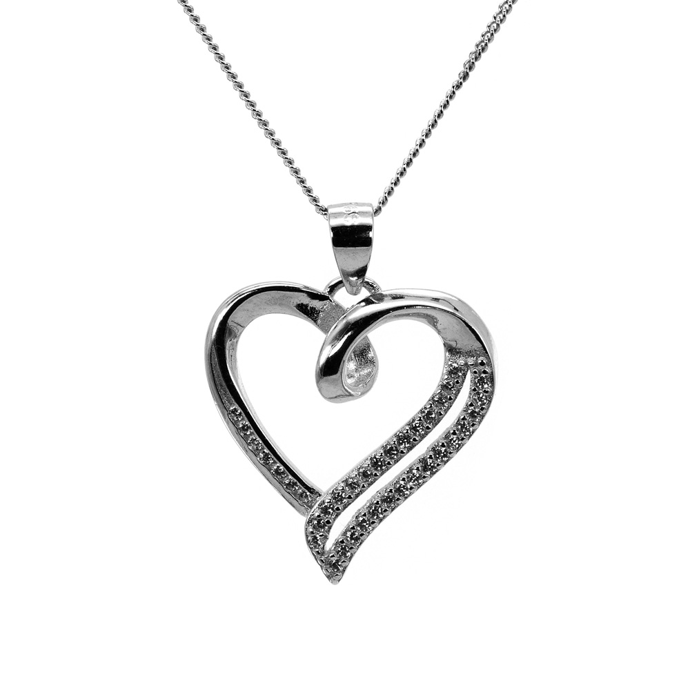 Necklace Round Curb Chain Heart Zircon Pendant 925 Sterling Silver