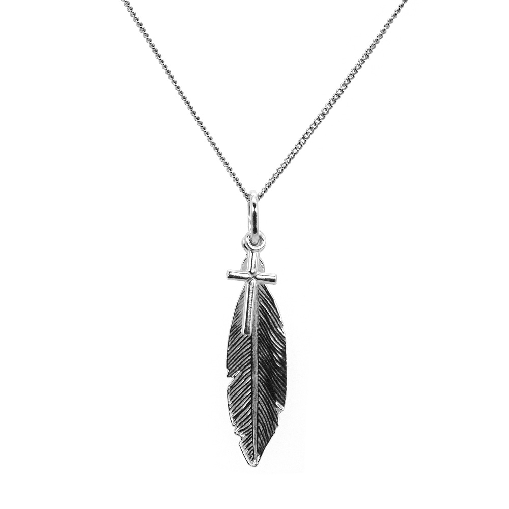 Necklace Round Curb Chain Cross and Feather Pendant 925 Sterling Silver