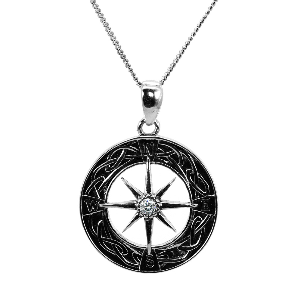 Necklace Round Curb Chain Zircon Pendant Compass 925 Sterling Silver