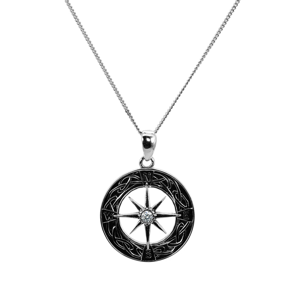 Necklace Round Curb Chain Zircon Pendant Compass 925 Sterling Silver