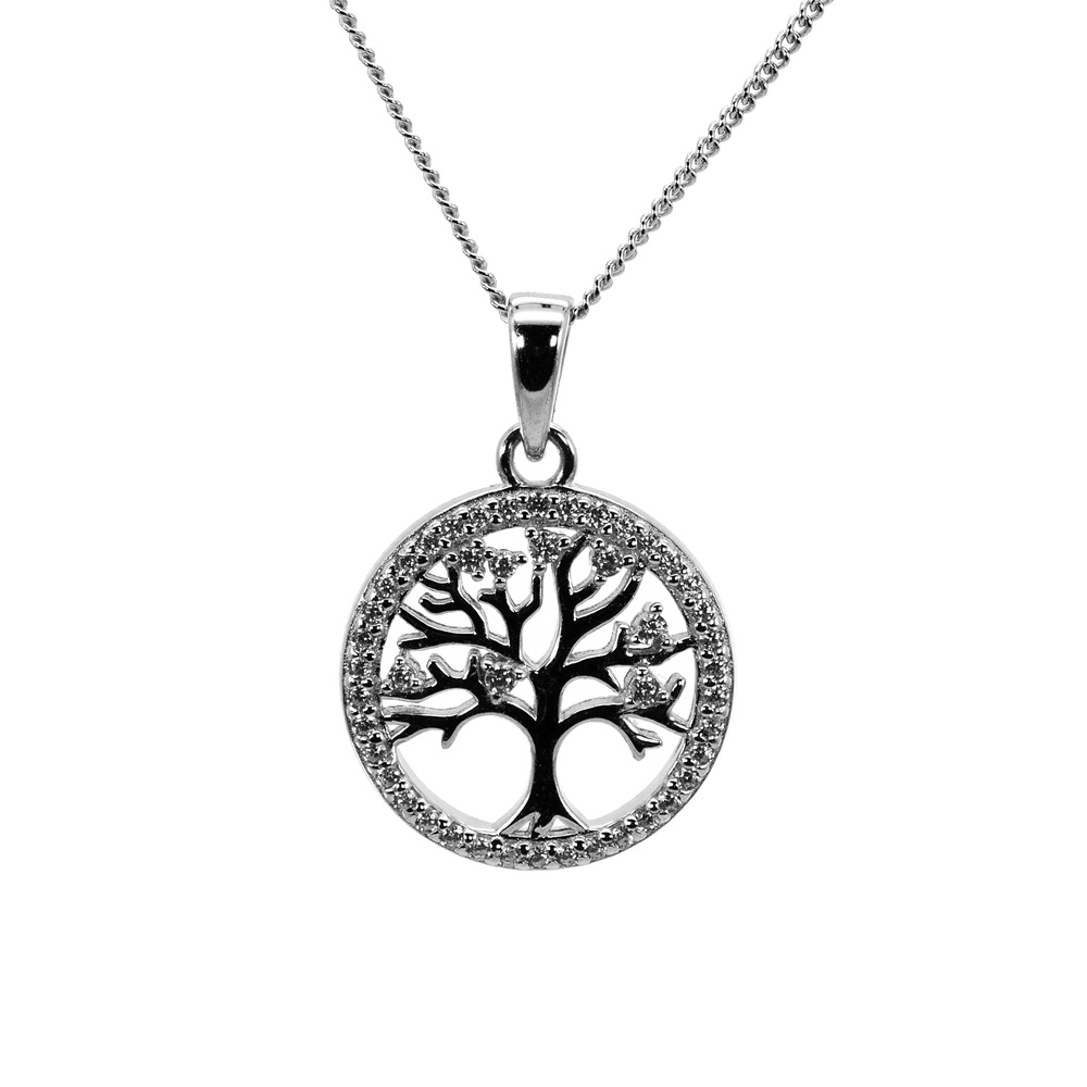 Necklace Curb Chain Round Zircon Pendant Tree of Life 925 Sterling Silver
