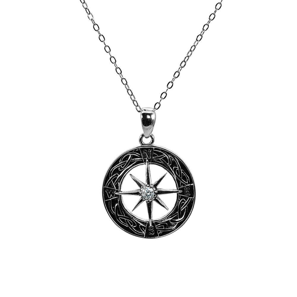 Necklace Anchor Chain Zircon Compass Pendant 925 Sterling Silver