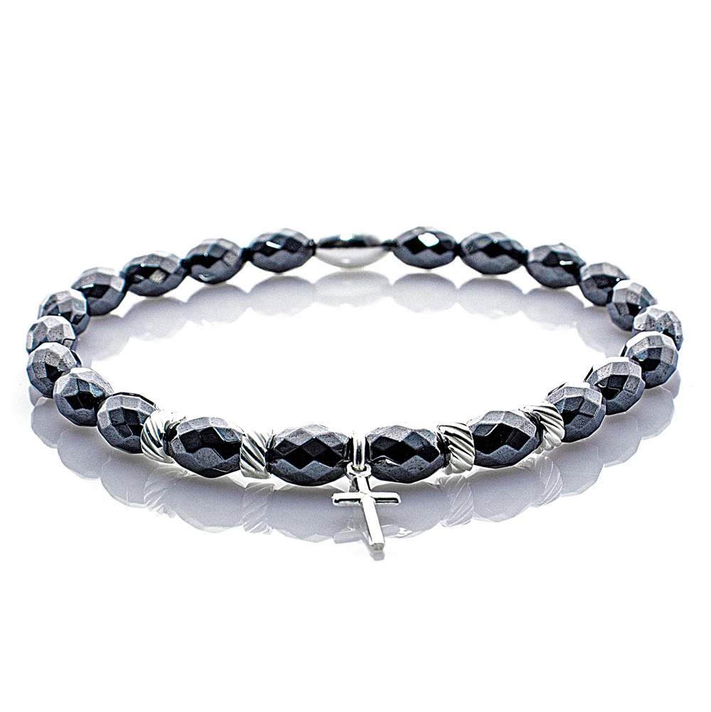 Pearl Bracelet Hematite Faceted Beads Crucis 925 Sterling Silver