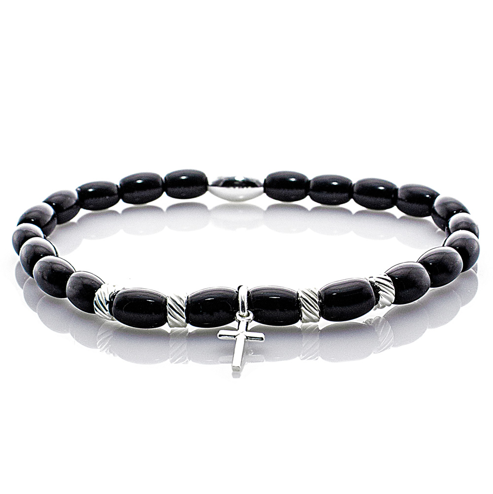Pearl Bracelet Black Obsidian Beads Crucis 925 Sterling Silver