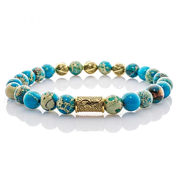Bead Bracelet Blue Sea Sediment Jasper Beads Excelsior Gold 925 Sterling Silver