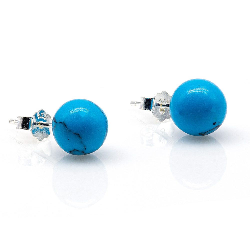 Earring 925 Sterling Silver Blue Turquoise Beads 8 mm