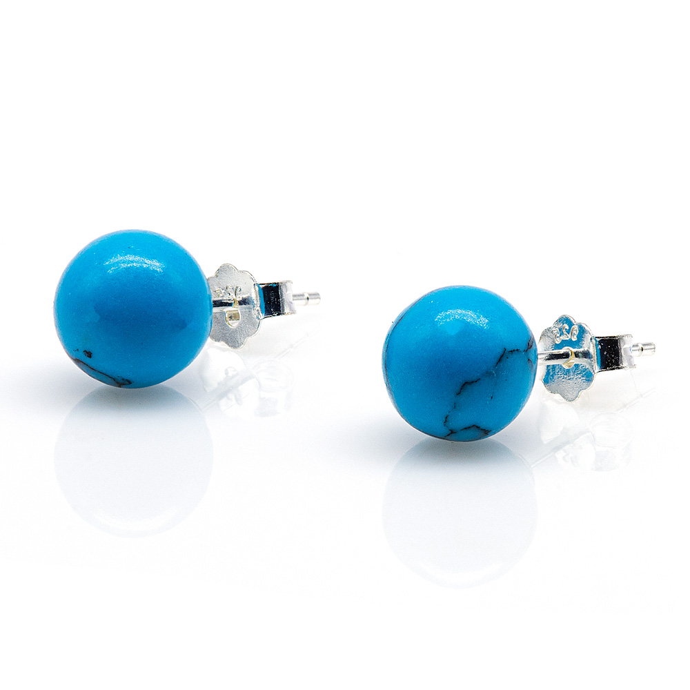 Earring 925 Sterling Silver Blue Turquoise Beads 8 mm
