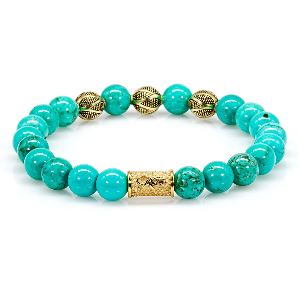 Bead Bracelet Green / Blue Turquoise Beads Excelsior Gold Plated 925 Sterling Silver 18k